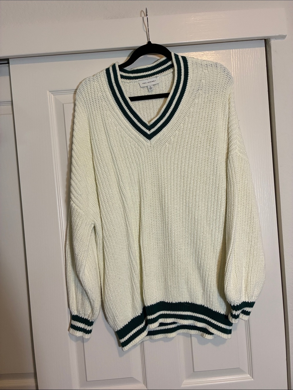 J. Crew Cream V-Neck Sweater with Green Stripe Trim